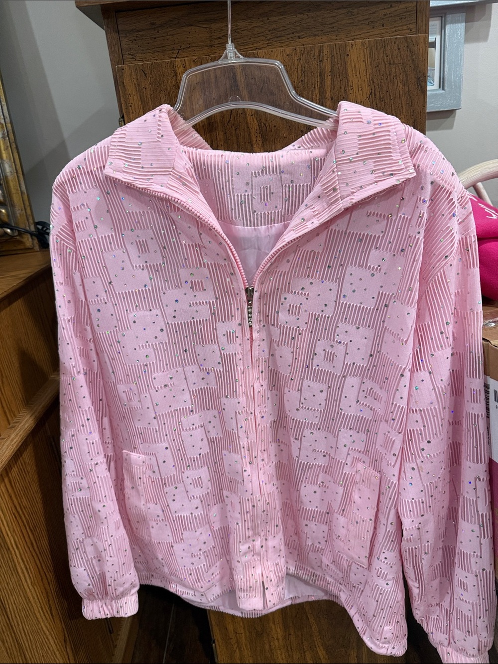 adorable, long sleeve lightweight jacket, pink with beads and bangles